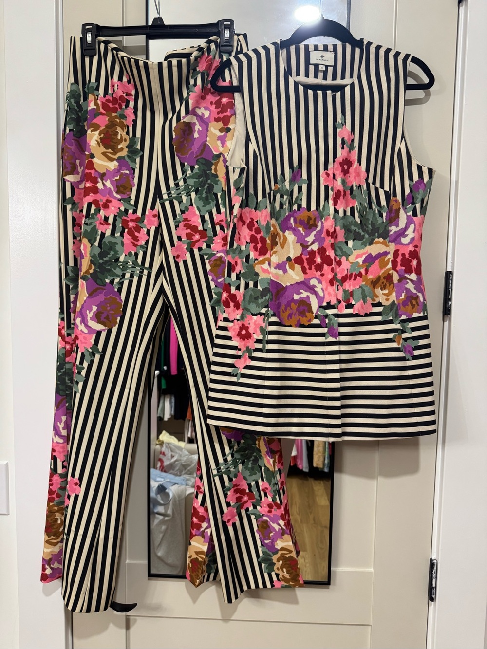 Tuckernuck Black & White Striped Wide-Leg Pants with Pink Floral Print